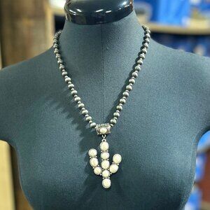 NEW Gray Beaded Necklace with White Buffalo Cactus Pendant
